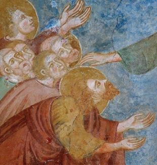 Christus en de Apostelen. Detail uit een Fresco met episoden uit het Leven van Christus, Kerk van de H. Margherita (ca. XIII eeuw), Vigo di Cadore (Belluno), Italië.©Archivi Alinari, Florence