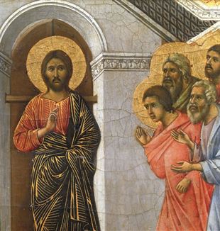 Duccio van Buoninsegna (ca. 1260 – 1318), Maestà, cymatium: 'Verschijning aan de apostelen bij gesloten deuren' (detail)