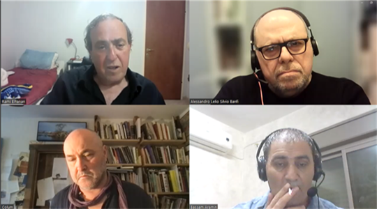De hoofdpersonen van deze online dialoog: van links naar rechts Elhanan, Banfi, Aramin, McCann