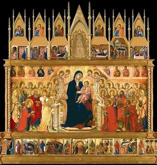Virtuele reconstructie van de „Maestà“ (vooraanzicht), geschilderd door Duccio di Buoninsegna voor de kathedraal van Siena (©Wikipedia)