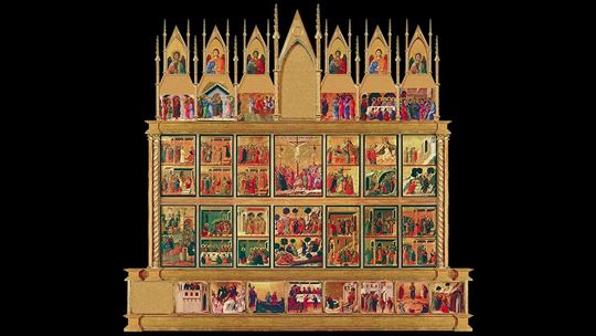 Virtuele reconstructie van de “Maestà” (achterzijde) geschilderd door Duccio di Buoninsegna voor de kathedraal van Siena. Linksonder, “Het Laatste Avondmaal” (© wikipedia)