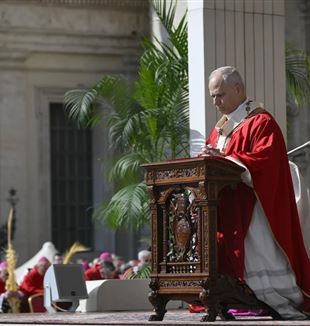 Paus Leo tijdens de viering van Palmzondag (© Ansa/Vatican Media)