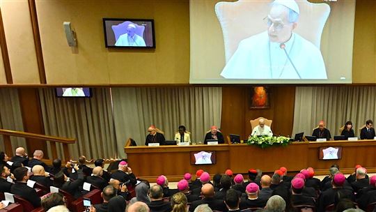 De presentatie van de encycliek 'Magnifica humanitas' van paus Leo XIV, maandag 25 mei j.l., in de Synodehal van het Vaticaan (© Vatican News/Catholic Press Photo)