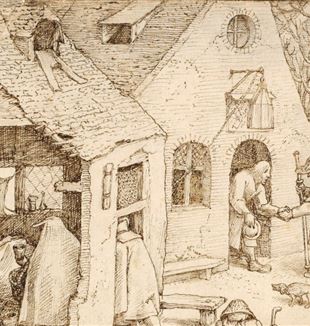 Pieter Bruegel de Oude, Caritas - Werken van barmhartigheid, 1559, Museum Boijmans Van Beuningen, Rotterdam, detail: ‘De zieken bezoeken’ en ‘De daklozen opvangen’